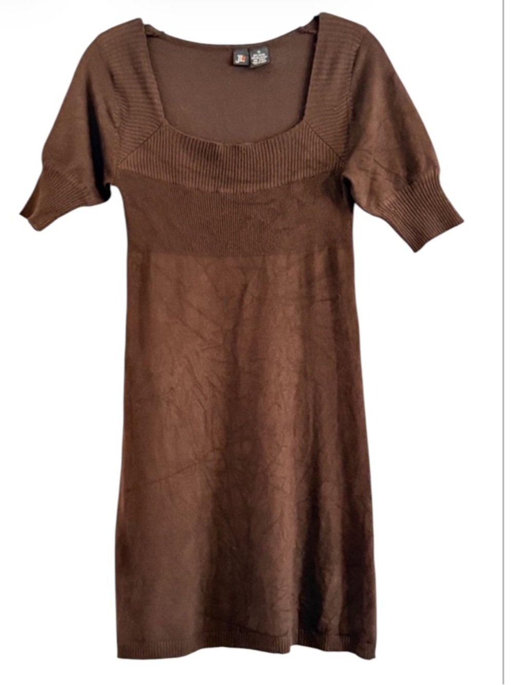 Vintage JL Chocolate Brown Square Neck Ribbed Mini Sweater Dress Size M